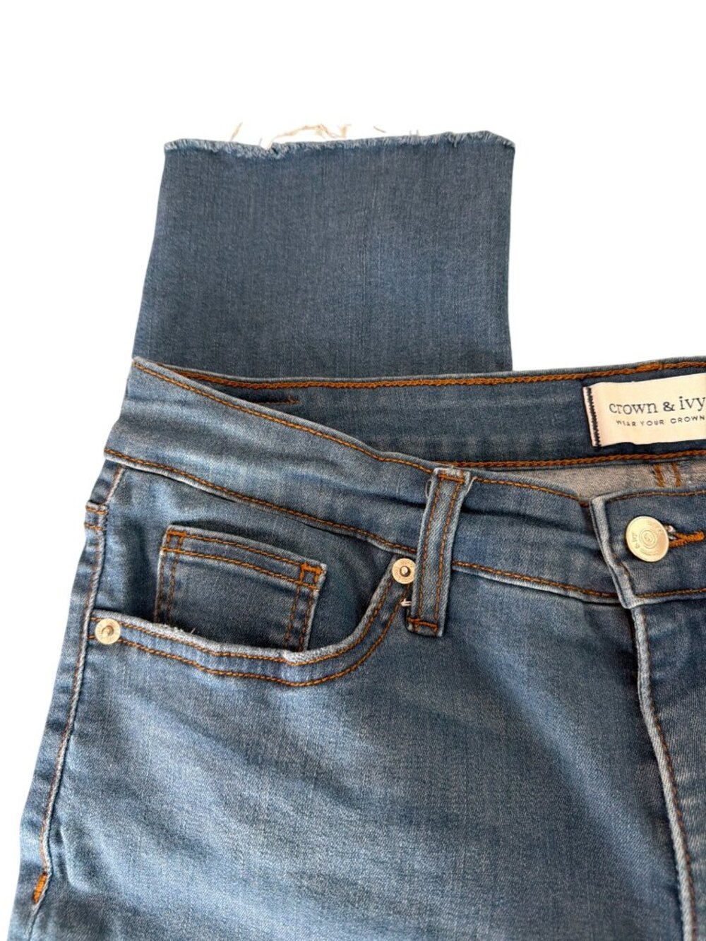 Crown & Ivy High Rise Skinny Crop Jeans Blue Denim Raw Hem Size 12 READ - Picture 2 of 6